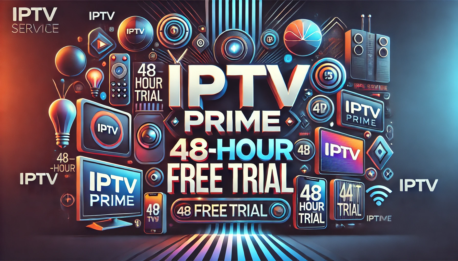 IPTV Prime logo in the center with '48-Hour Free Trial